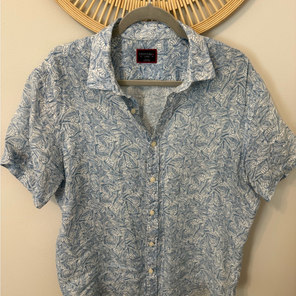 Untuckit Linen Blue Patterned Men's Shirt Large
